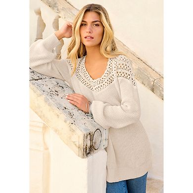 Roaman's Women's Plus Size Plus Size Crochet Pullover Sweater With Sweetheart Neckline
