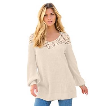 Roaman's Women's Plus Size Plus Size Crochet Pullover Sweater With Sweetheart Neckline