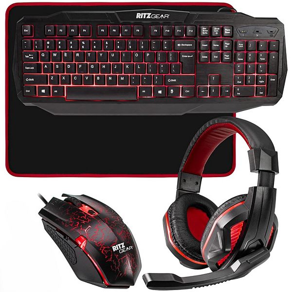 Ritz Gear Gaming Pc Bundle, 4-in-1 Led Gaming Pc Kit With Keyboard, Mouse, Mouse Pad & Headset - Red