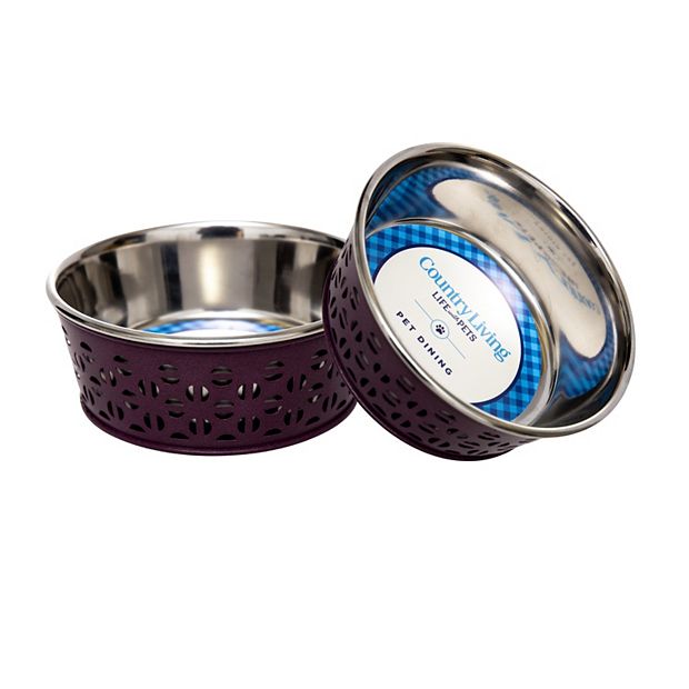 Country Living Set of 2 Stainless Steel Dog Bowls - Farmhouse Style, Durable & Non-Slip, Easy Clean Pet Feeder - Gray