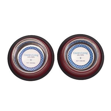 Country Living Set of 2 Ribbed No-Tip Non-Skid Dog Bowls Merlot Red/8oz