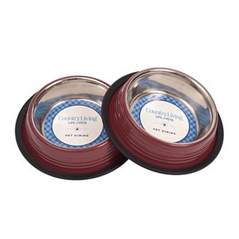 Country Living Set of 2 Ribbed No-Tip Non-Skid Dog Bowls Merlot Red/8oz