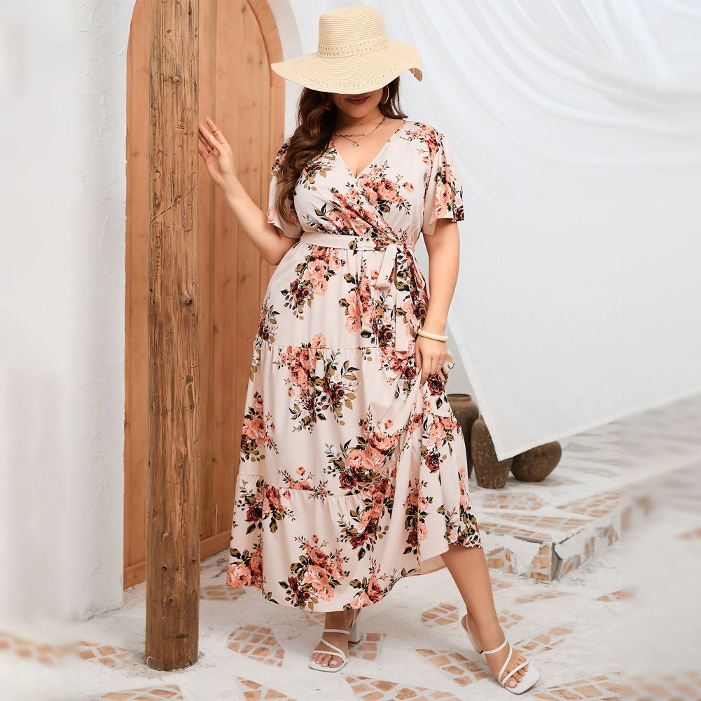 Plus Size Women Dress Maxi Floral Tiered Waist Tie Dresses Short Sleeve V  Neck Summer Causal
