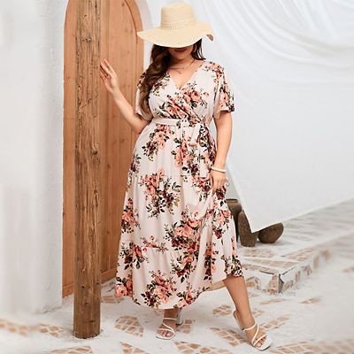 Plus Size Women Dress Maxi Floral Tiered Waist Tie Dresses Short Sleeve V Neck Summer Causal