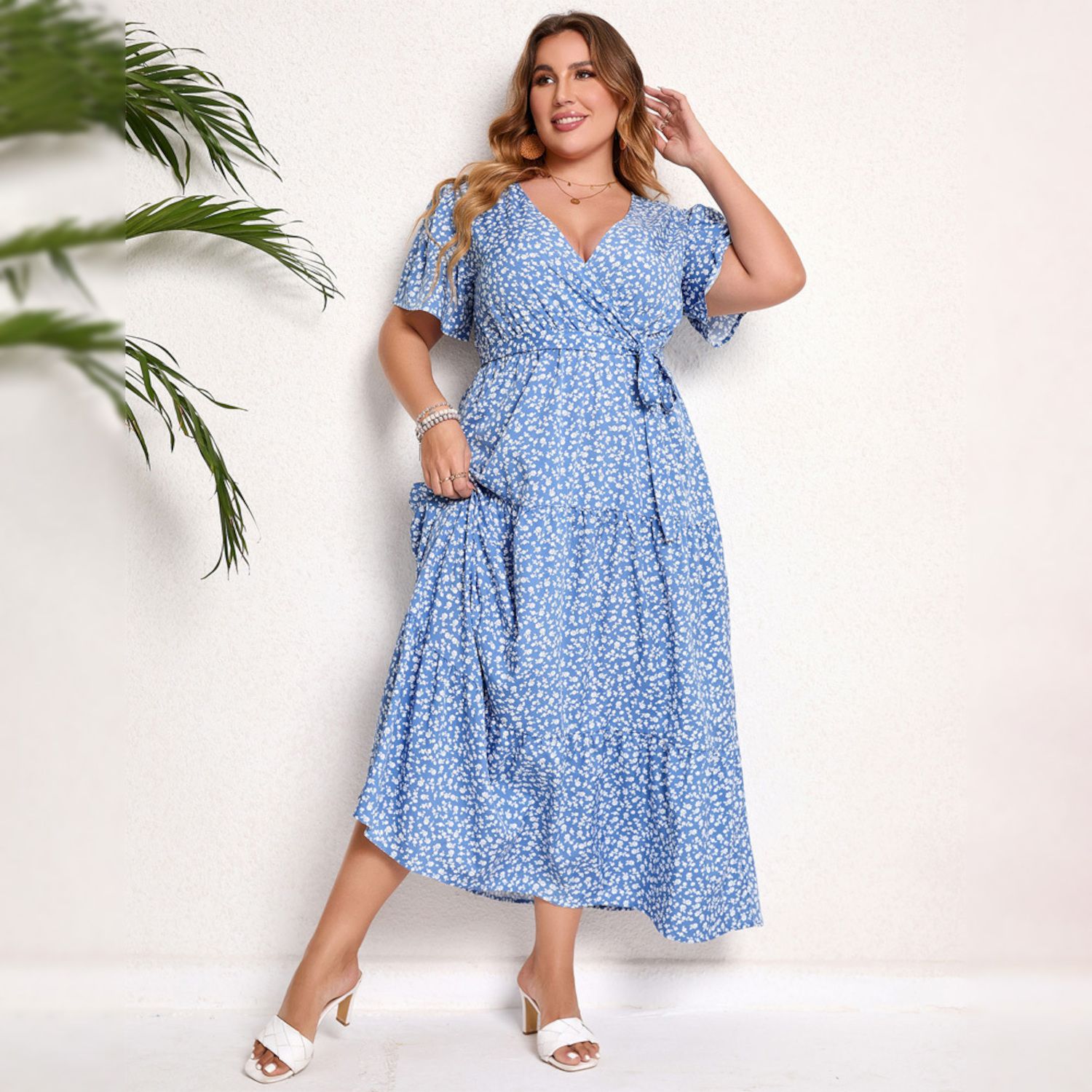 Plus Size Women Dress Maxi Floral Tiered Waist Tie Dresses Short Sleeve V  Neck Summer Causal