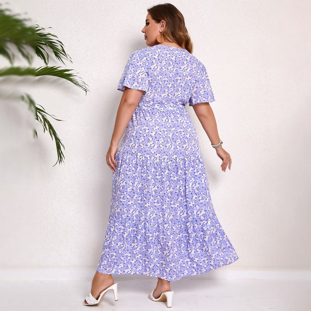 Plus Size Women Dress Maxi Floral Tiered Waist Tie Dresses Short Sleeve V  Neck Summer Causal