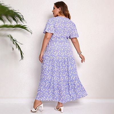 knee length dresses for ladies Women Plus Size Orange Floral Printed V-Neck Sleeveless Crepe Thigh-High  Slit Fit & Flare Wrap Maxi Dress