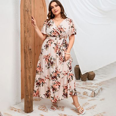 Plus Size Women Dress Maxi Floral Tiered Waist Tie Dresses Short Sleeve V Neck Summer Causal