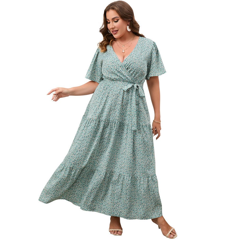 plus size green floral dress Plus Size Green Maxi Dress with Light Pink Floral Print main image 1