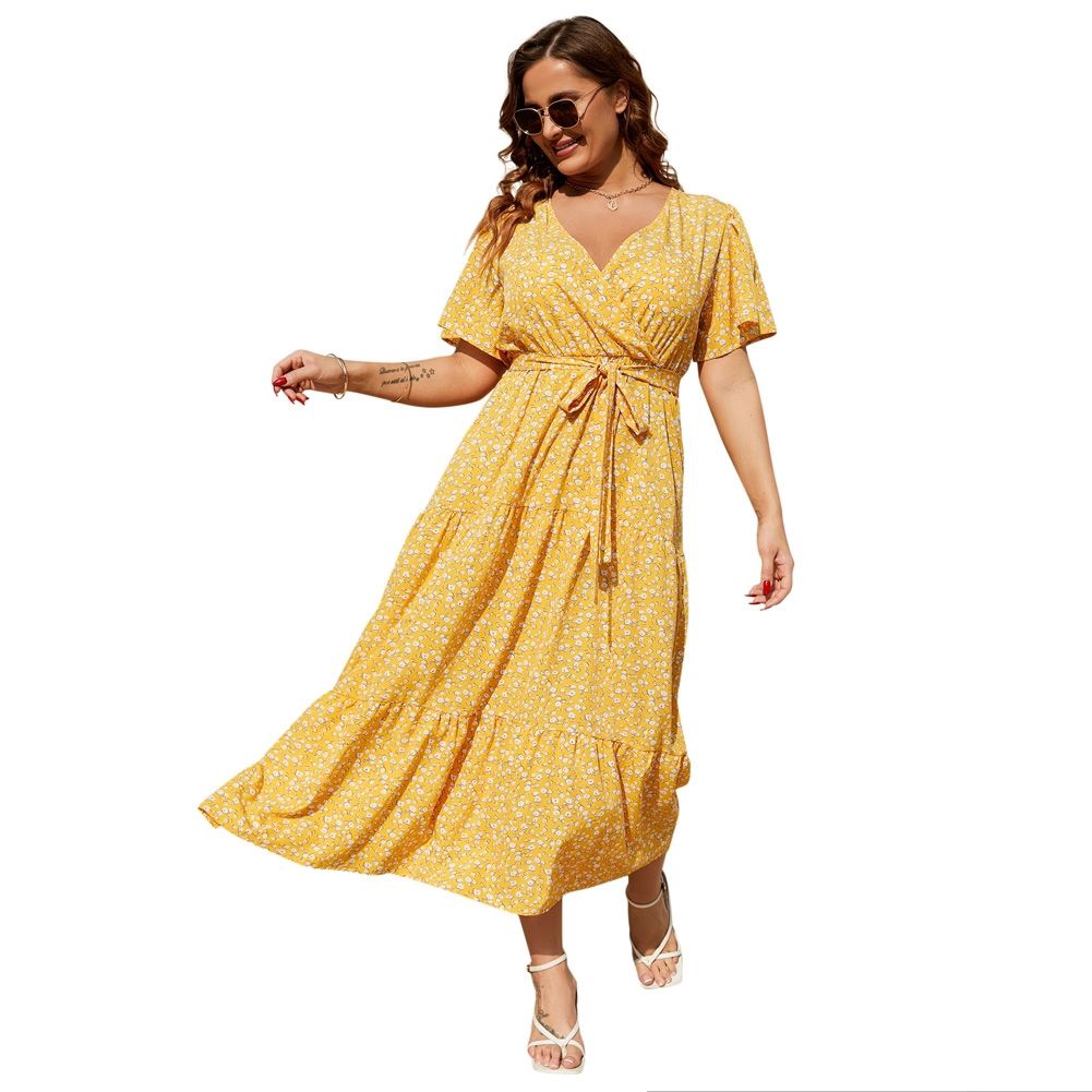 Plus Size Women Dress Maxi Floral Tiered Waist Tie Dresses Short Sleeve V  Neck Summer Causal Dress