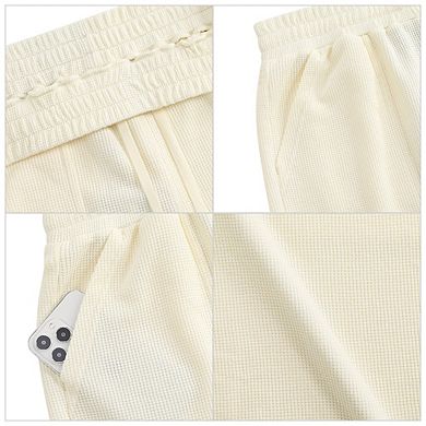 Men's Sweat Shorts With Pocket Casual Summer Waffle Shorts Drawstring Elastic Waist Running Shorts