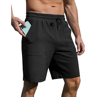 Men's Sweat Shorts With Pocket Casual Summer Waffle Shorts Drawstring Elastic Waist Running Shorts