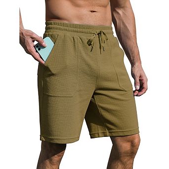 Men's Sweat Shorts With Pocket Casual Summer Waffle Shorts Drawstring Elastic Waist Running Shorts