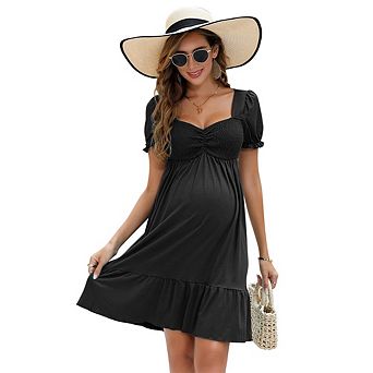 Womens Shirred Maternity Dresses Short Sleeve Dresses with Ruffe Trim Ruched Flounce Hem Dress