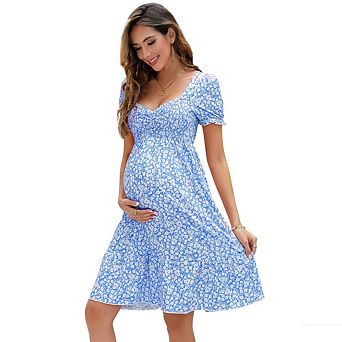 Womens Shirred Maternity Dresses Short Sleeve Dresses with Ruffe Trim Ruched Flounce Hem Dress