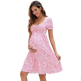 Womens Shirred Maternity Dresses Short Sleeve Dresses with Ruffe Trim Ruched Flounce Hem Dress