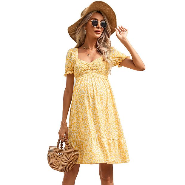 slim fit dress slacks Mixed Patterns Gold and Ivory Hand-Block 5-Tier Maternity Dress