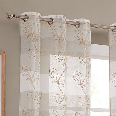Dainty Home Silvia 2-pack Ombre Striped Linen Textured Grommet Floral Embroidered Window Curtain