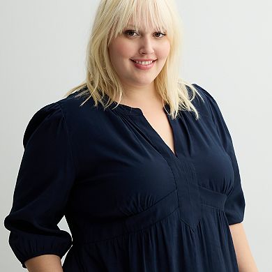 Plus Size Nine West Puff Sleeve Fit & Flare Midi Dress