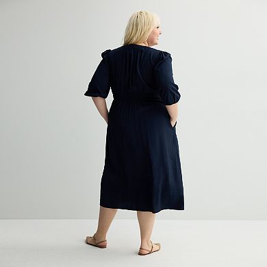 Plus Size Nine West Puff Sleeve Fit & Flare Midi Dress
