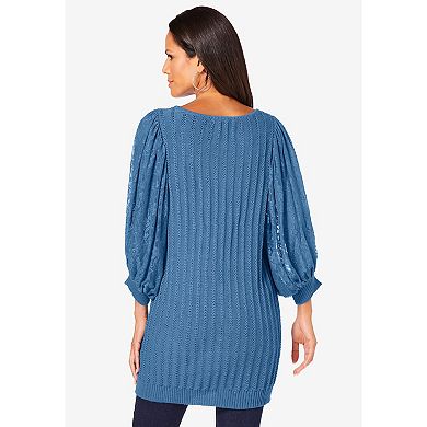 Roaman's Women's Plus Size Lace Sleeve Sweater
