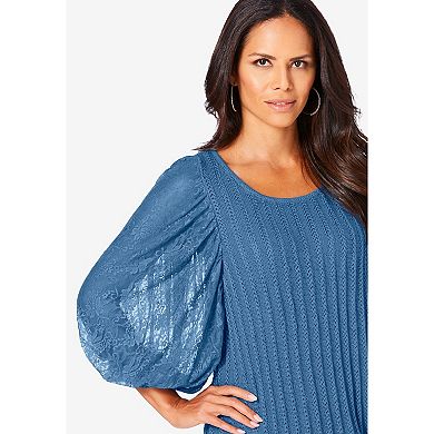 Roaman's Women's Plus Size Lace Sleeve Sweater