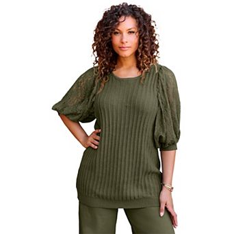 Roaman's Women's Plus Size Lace Sleeve Sweater