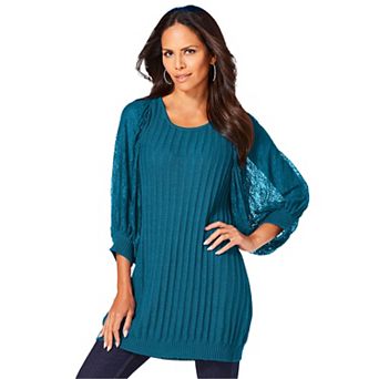 Roaman's Women's Plus Size Lace Sleeve Sweater