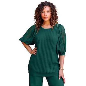 Roaman's Women's Plus Size Lace Sleeve Sweater