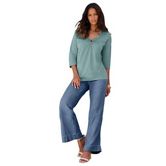 Roaman's Women's Plus Size Ultimate Keyhole V Neck Tee