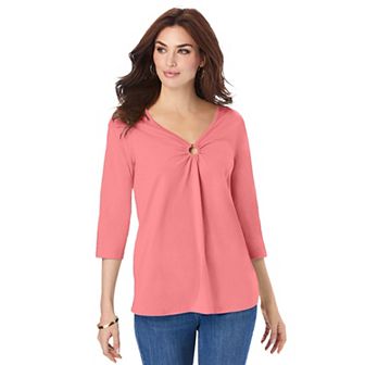Roaman's Women's Plus Size Keyhole V Neck Ultimate Tee