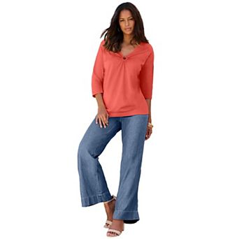 Roaman's Women's Plus Size Ultimate Keyhole V Neck Tee