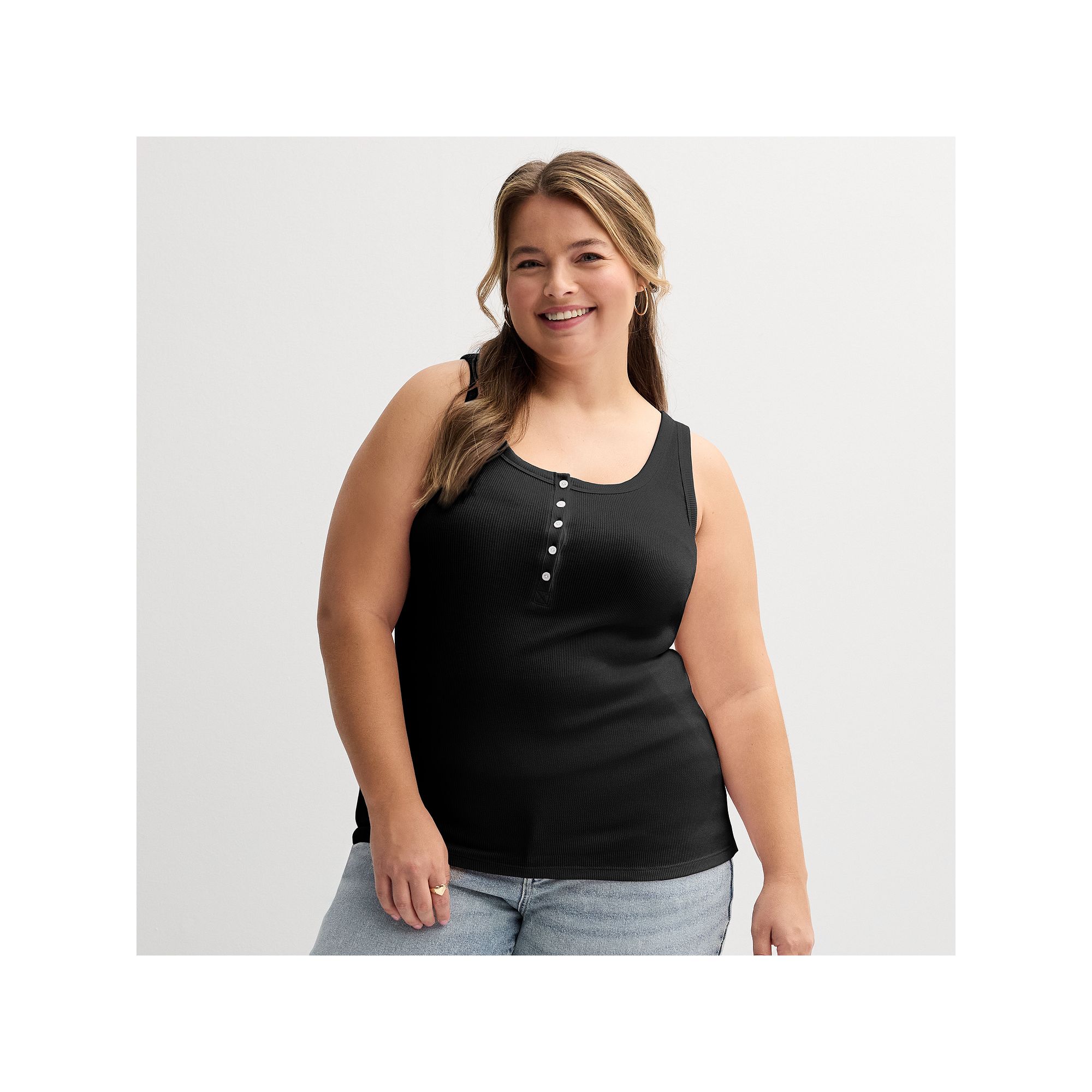 Plus Size Rib Henley Tank Top, Girls, Size: 1XL, Black Luxe