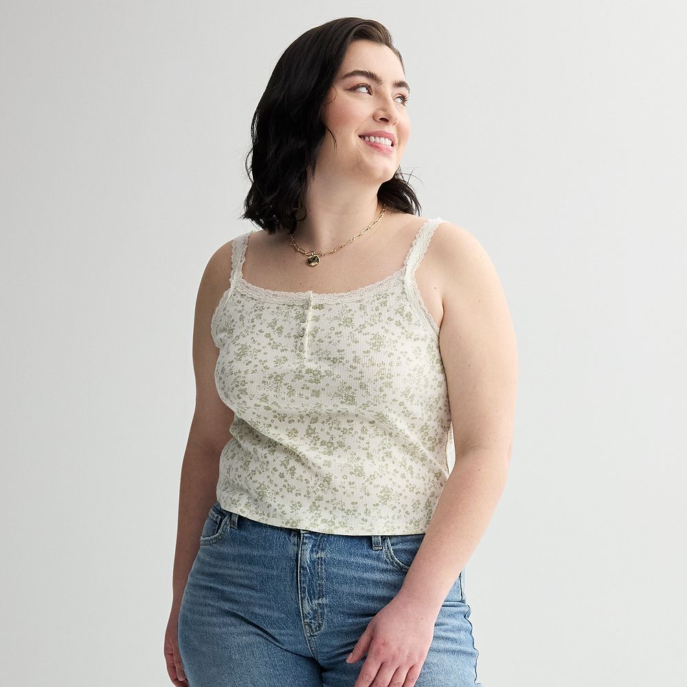 Juniors' Plus Size SO® Lace Trim Henley Cami