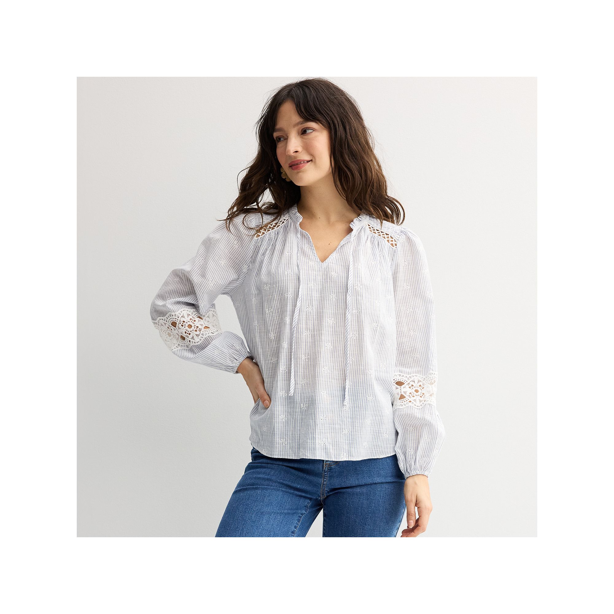 Womens Farmers Market Smocked Shoulder Blouse, Size: Medium, Blue White