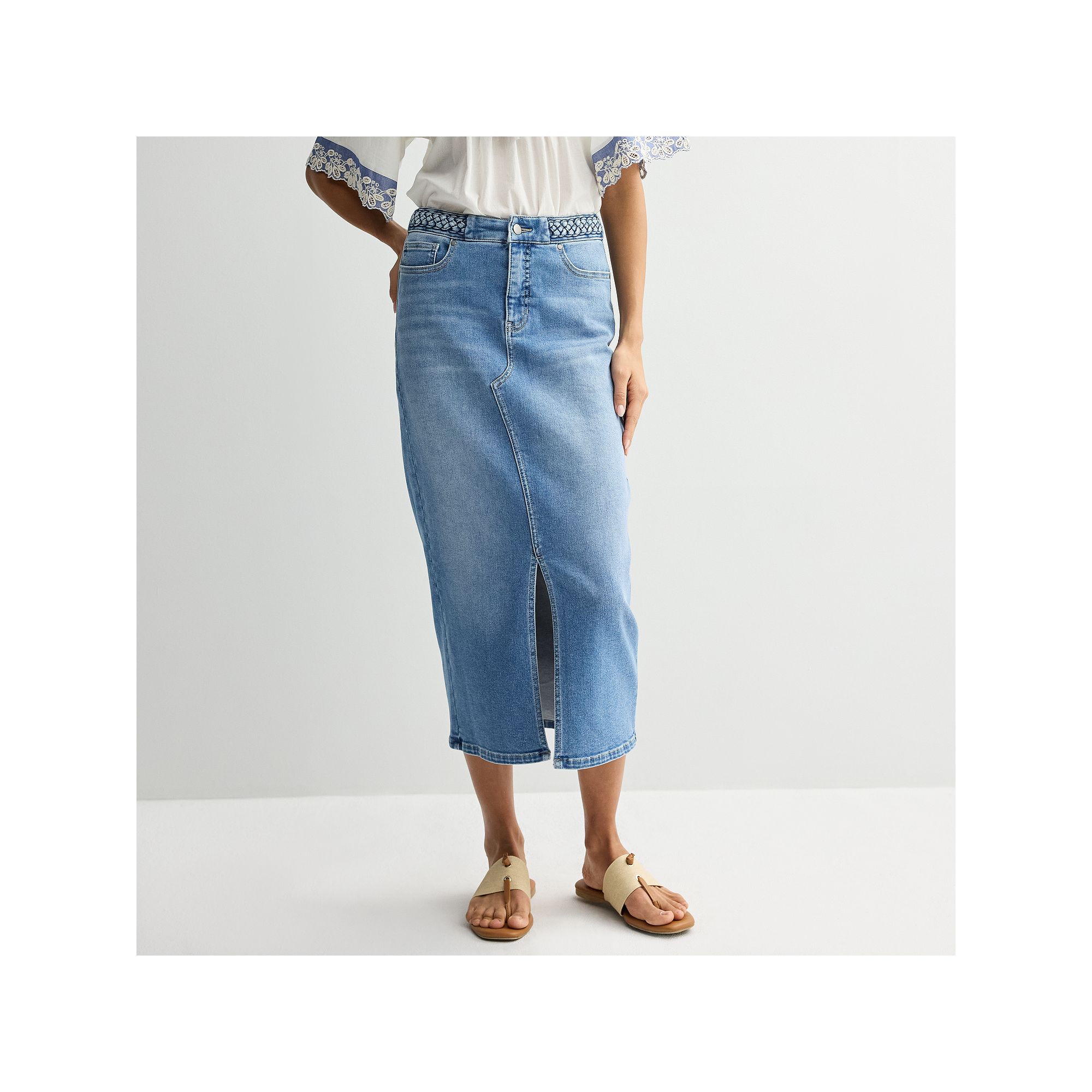 Womens Farmers Market Braided Band Denim Skirt, Size: 4, Medium Blue