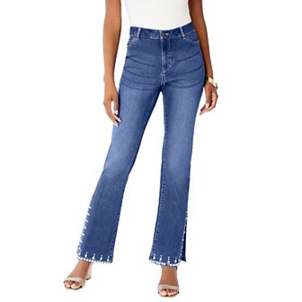 Roaman's Women's Plus Size Invisible Stretch Rhinestone-Detail Split Flare-Leg Jean