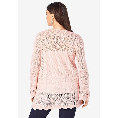 Roaman's Women's Plus Size Bell Sleeve Pointelle Cardigan