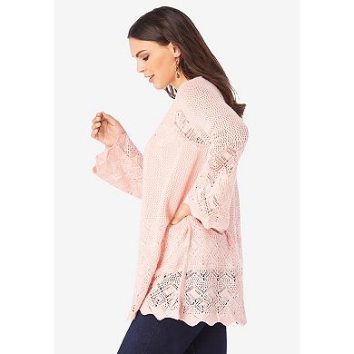 Roaman's Women's Plus Size Bell Sleeve Pointelle Cardigan