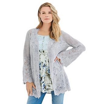 Roaman's Women's Plus Size Bell Sleeve Pointelle Cardigan