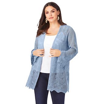 Roaman's Women's Plus Size Bell Sleeve Pointelle Cardigan