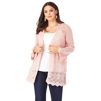 Roaman's Women's Plus Size Bell Sleeve Pointelle Cardigan