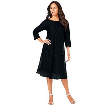 Roaman's Women's Plus Size Plus-Size 3/4 Sleeve Boatneck Lace Swing Dress
