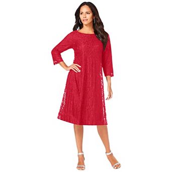 Roaman's Women's Plus Size Plus-Size 3/4 Sleeve Boatneck Lace Swing Dress