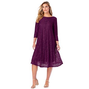Roaman's Women's Plus Size Plus-Size 3/4 Sleeve Boatneck Lace Swing Dress