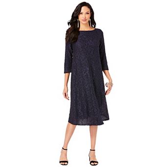 Roaman's Women's Plus Size Plus-Size 3/4 Sleeve Boatneck Lace Swing Dress