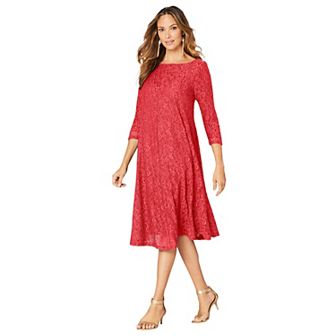 Roaman's Women's Plus Size Plus-Size 3/4 Sleeve Boatneck Lace Swing Dress