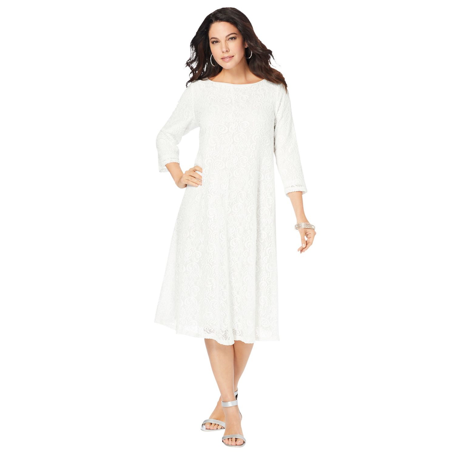 Женские платья Roaman's Plus Size Plus-Size 3/4 Sleeve Boatneck Lace Swing Dress