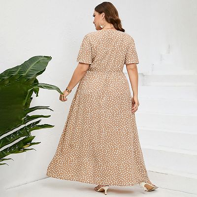 Women Plus Size Wrap Maxi Dress Short Flutter Sleeves Empire Waist Split A  Line Boho Casual Dress