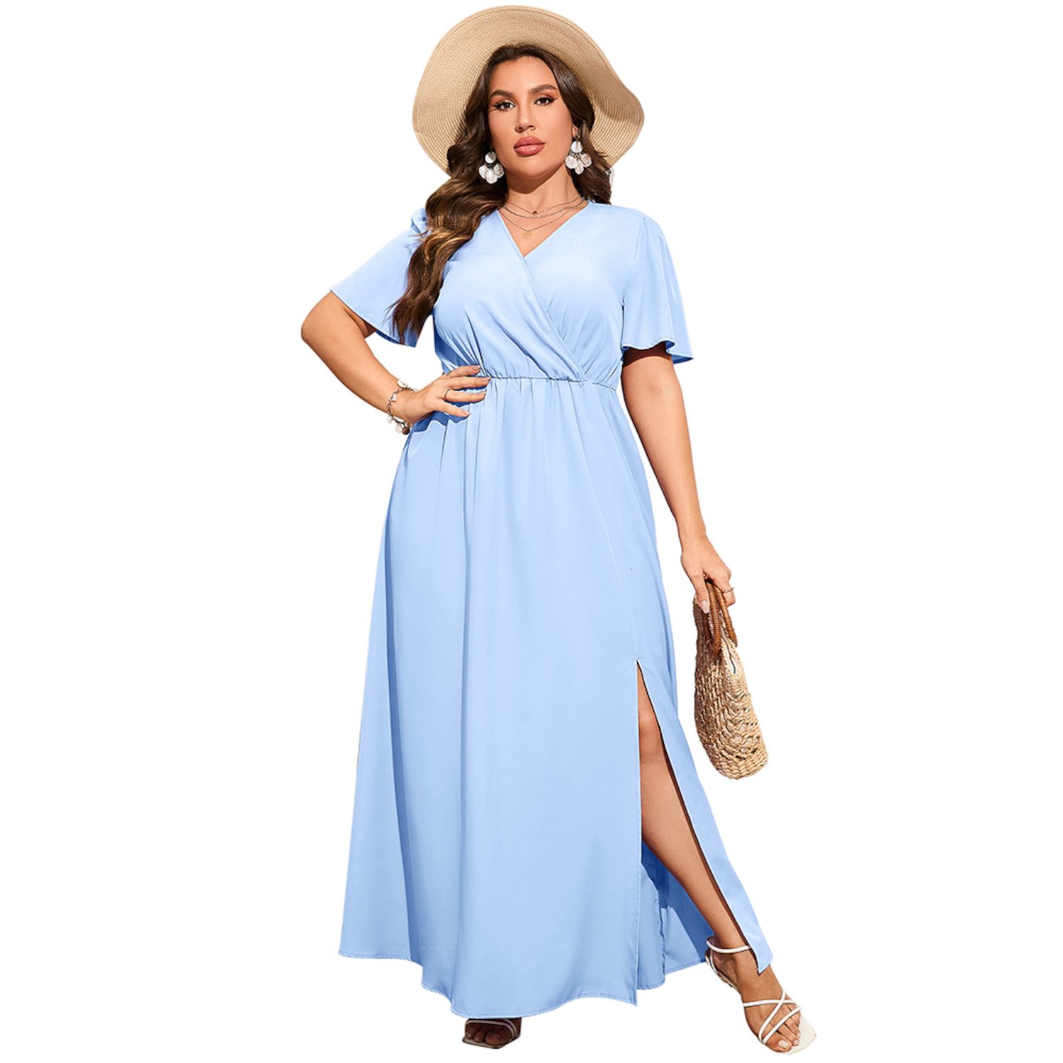 Женские платья Women Plus Size Wrap Maxi Dress Short Flutter Sleeves Empire Waist Split A Line Boho Casual Dress